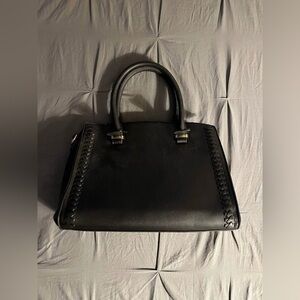 Black Leather Handbag with Braided Trim With Inside Leopard Pattern